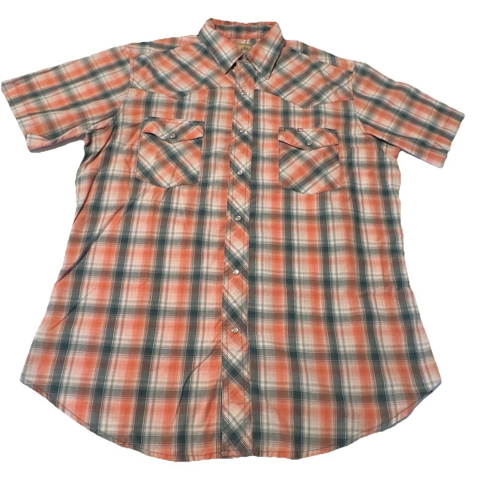 Wrangler Pearl Snap Shirt Mens Large Orange‎ Black Plaid Long Sleeve Western